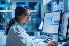 A dedicated scientist in a lab coat works on multiple computer screens displaying data and graphs, focusing intently on scientific analysis in a high-tech laboratory setting.