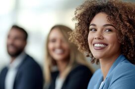 Smiling professional woman in a blue blazer representing MSP VMS workforce support in a modern office