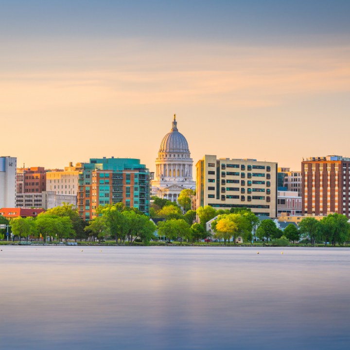 Downtown Madison, WI skyline with Capitol building, representing local temporary staffing and employment services