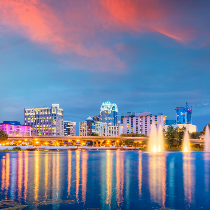 Downtown Orlando skyline with Lake Eola in the foreground, representing employment agencies and staffing services in Orlando.